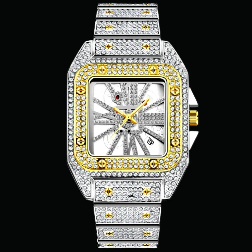 Square Special Red Dial Date Iced Out Watch – Luxury Hip Hop Timepiece - CaratixJewelry